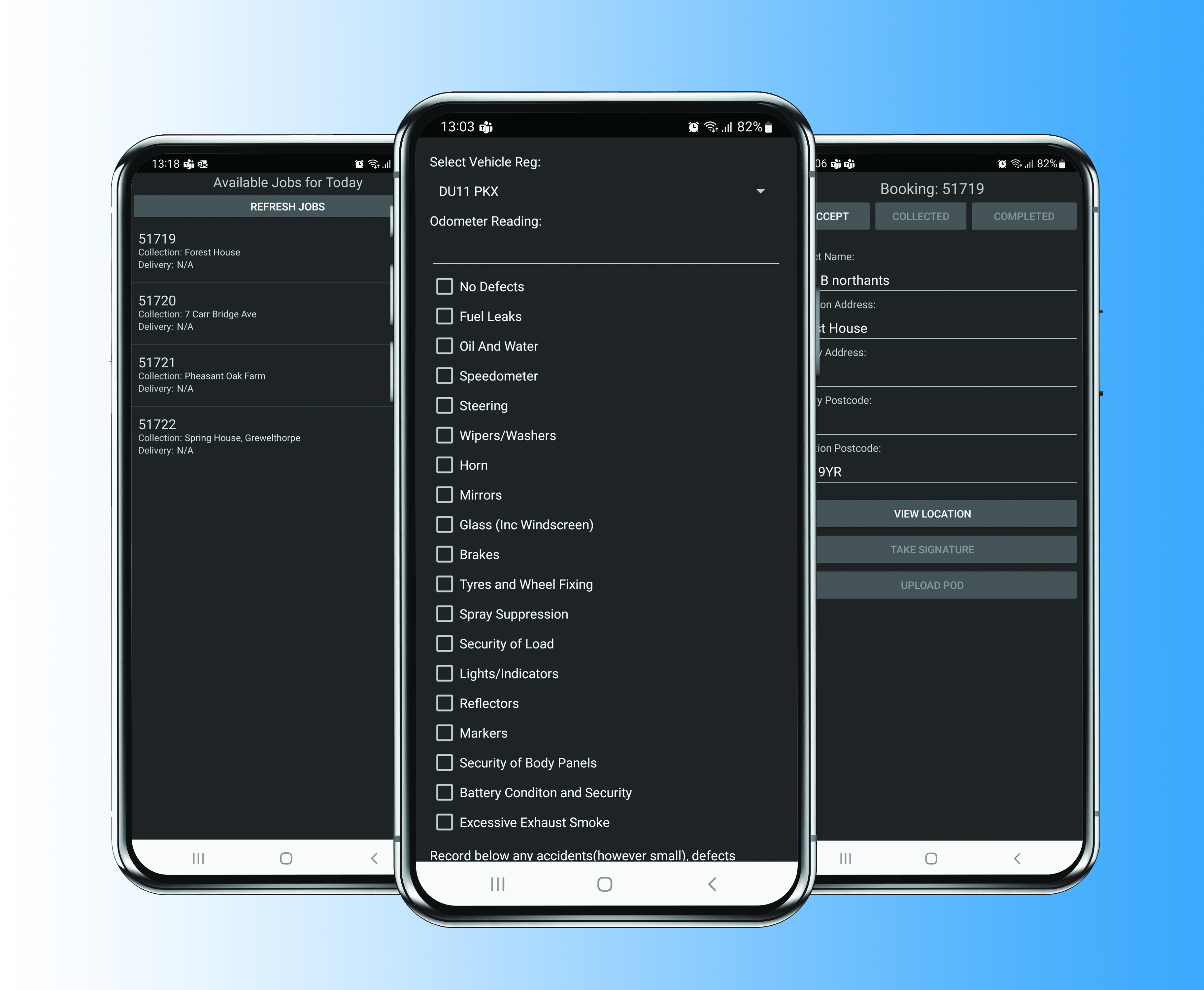 3 mobile phones showing different screens of a CRM application