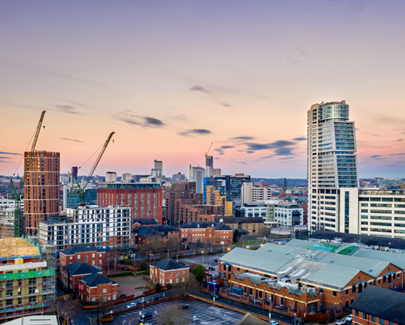 Image of Leeds city centre skyline at dusk